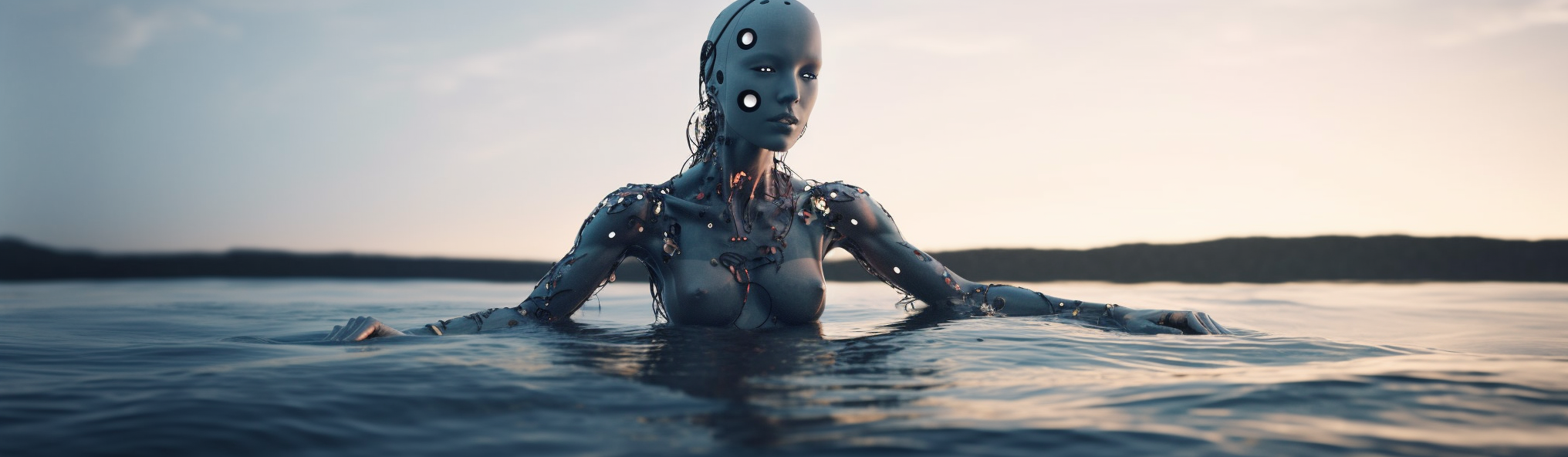 An AI-generated image of a woman breaching the surface of the water — titled ‘The First Swim’, created in Midjourney.