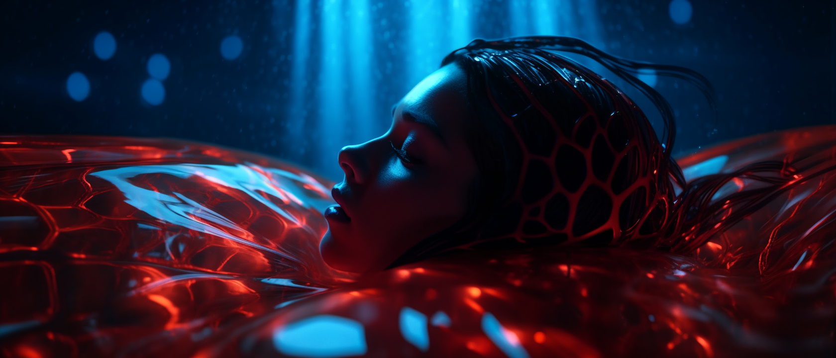 A futuristic female android floating in the deep — Midjourney artwork.
