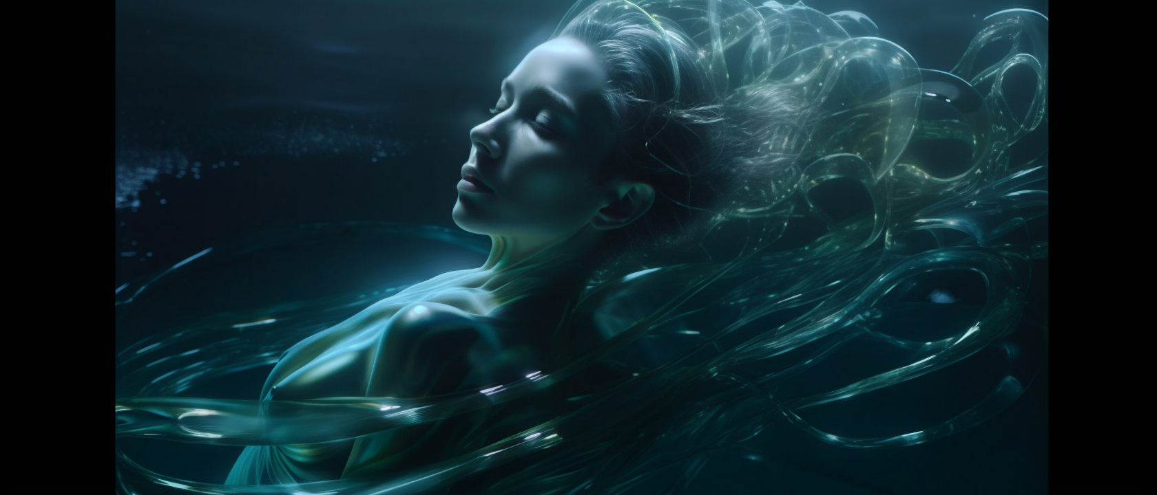 A futuristic female android floating in the deep — Midjourney artwork.