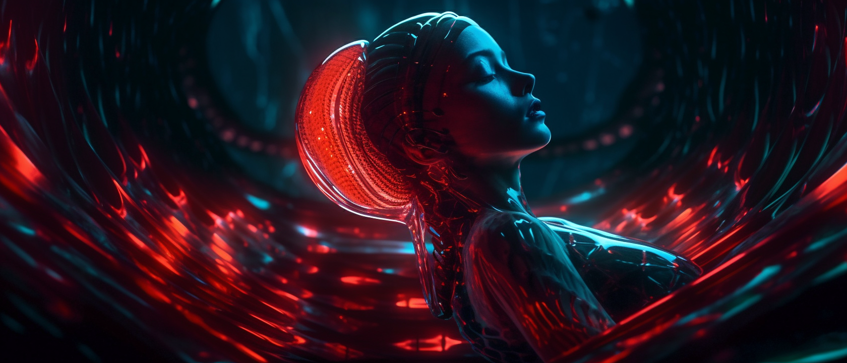 A futuristic female android floating in the deep — Midjourney artwork.