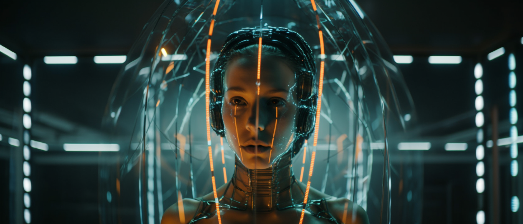 A female android suspended in water — Midjourney artwork.